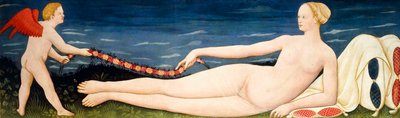 Venus på puter holder en krans av blomster med en putto, av Paolo di Stefano Badaloni Schiavo