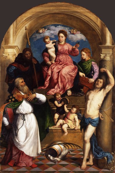 Tronet Madonna med barn og hellige, ca 1530 av Paris Bordone