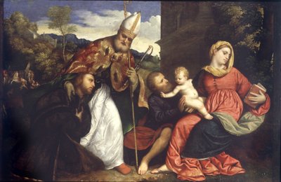 Hellig familie med St. Ambrosius som presenterer en giver, ca. 1525 (olje på panel) av Paris Bordone
