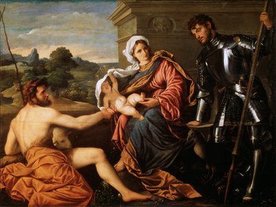 Madonna and Child, Saint John the Baptist og Saint George, tidlig på 1530-tallet av Paris Bordone