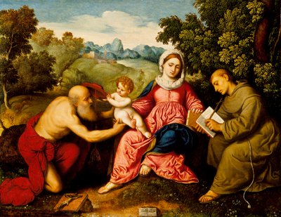 Madonna og barn med de hellige Hieronymus og Frans, ca. 1525 av Paris Bordone
