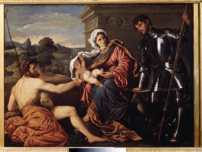"Madonna and Child, Saint John the Baptist and Saint George" (Madonna and Child, Saint John the Baptist og Saint George) Maleri av Paris Bordon eller Bordone (1500-1571) rundt 1530 Pouchkine Museum, Moskva av Paris Bordone