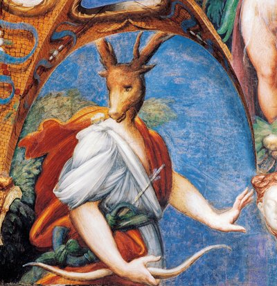 Actaeons transformasjon til hjort, fra Myth of Diana and Actaeon, rundt 1524, av Francesco Mazzola kjent som Parmigianino (1503-1540), freskomaleri, Room of Diana and Actaeon, Rocca Sanvitale, Fontanellato, nær Parma, Emilia-Romagna, Italia av Parmigianino