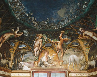 Ceres deltar på arrangementer omgitt av jakthunder og kjeruber, fra Myth of Diana and Actaeon av Parmigianino