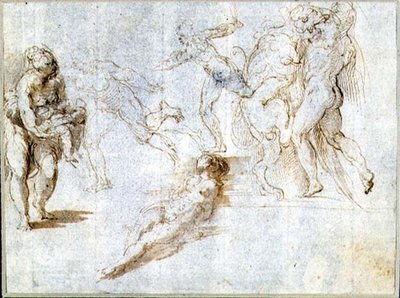 Figurstudier: Kvinne som holder en baby; Mann forfulgt av en annen; Naken kvinne som ligger på bakken; Hercules and the Nemean Lion (brunt blekk og vask på papir) av Parmigianino