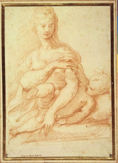Jomfruen leker med barnet på fanget (rødt kritt på hvitt papir) av Parmigianino