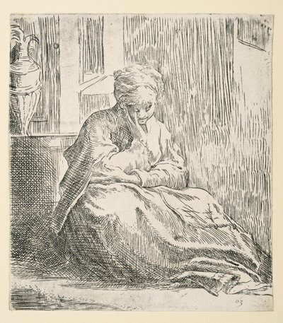 Kvinne sittende på bakken, kjent som Saint Thais (Etching) av Parmigianino