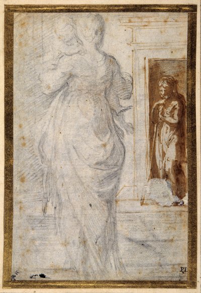 Baksiden av en kvinne som bærer et barn; en mann som lener seg på staven venter i en døråpning (svart kritt med penn og brunt blekk og sløyfevask på hvitt papir) av Parmigianino