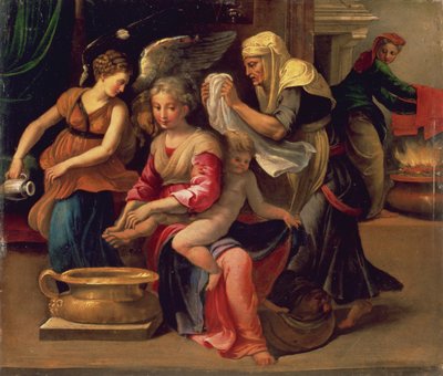 Bading av en baby (olje på panel) av Parmigianino