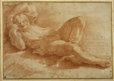 Skjeggfigur, sover (rødt kritt på hvitt papir) av Parmigianino