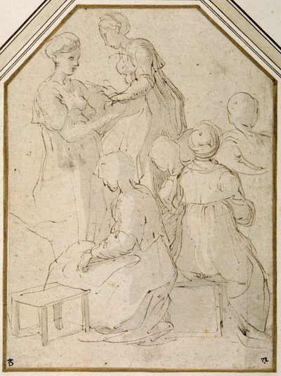 Hjemmegruppe, to stående kvinner og fire sittende (penn og brunt blekk med blekbrun vask på hvitt papir) av Parmigianino