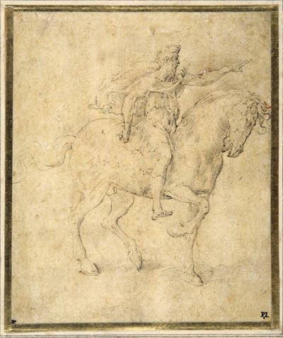 Ridefigur (penn og brunt blekk med brun vask på hvitt papir) av Parmigianino