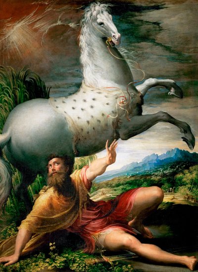 "The Conversion of Saint Paul on the Road to Damaskus" Maleri av Girolamo Francesco Maria Mazzola eller Mazzuoli dit il Parmigianino med kallenavnet The Parmesan (1503-1540) circa 1528 Art History Museum, Wien av Parmigianino