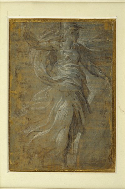 Minerva med et skjold i venstre hånd, en lanse i høyre (metallspiss på forberedt gulaktig grunn) av Parmigianino
