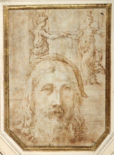 Selvportrett, pålagt forstudier for to canephori av Steccata (penn og brunt blekk på hvitt papir) av Parmigianino