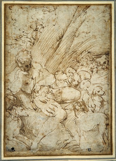 Hyrdegutt som holder en pipe, hviler under et tre med hunden sin blant flokken deres (penn og brunt blekk på papir) av Parmigianino