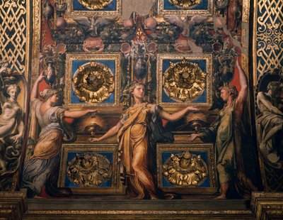 Tre kloke jomfruer, detalj av Tre kloke jomfruer og tre tåpelige jomfruer, av Francesco Mazzola kjent som Il Parmigianino, freskomaleri, undersiden av buen til presbyteriet, helligdommen Santa Maria della Steccata, Parma, Emilia-Romagna. Italia av Parmigianino