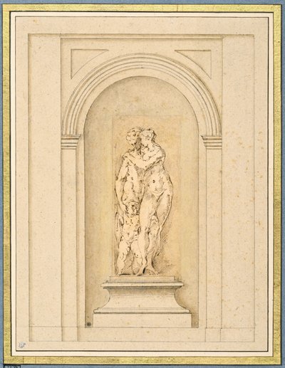 To figurer og en amor omgitt av en senere arkitektonisk ramme av Parmigianino