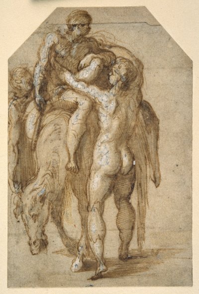 To nakne menn som løfter en syk mann fra en sliten hest (penn og brunt blekk med brun vask forsterket med hvit kroppsfarge på papir) av Parmigianino
