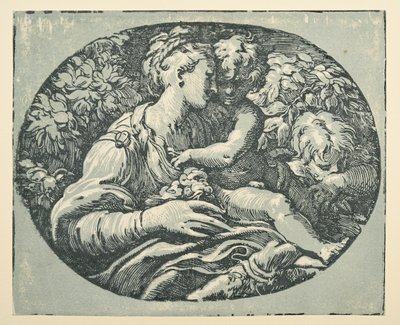 Jomfru og barn med spedbarnet Saint John (blekk (svart og blågrønn) på papir) av Parmigianino
