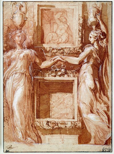To kaneforer som gir hånden, på begge sider av boksene Tegning i blekk, vask, blod og hvite klaffer av Girolamo Francesco Maria Mazzola dit Parmigianino eller Le Parmesan av Parmigianino