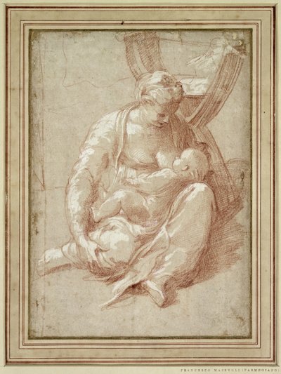 Jomfru sitter på bakken og ammer barnet av Parmigianino