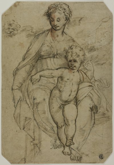 Jomfru og barn (recto); Skisse av tre hellige og karikaturskisse (verso) av Parmigianino