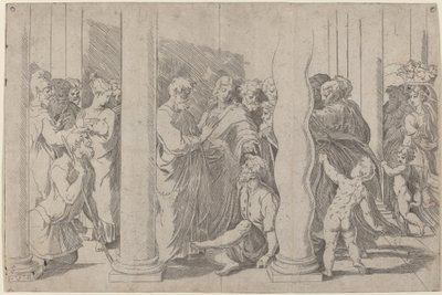 De hellige Peter og Johannes helbreder den lamme mannen ved Golden Gate av Parmigianino after Raphael