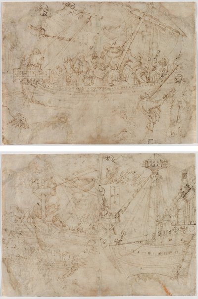 Navicella (recto) To tegninger av skip (verso) av Parri Spinelli