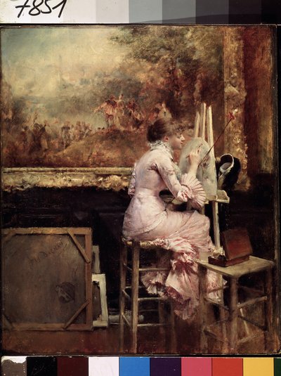 ""Ung kunstner gjør en akvarell på Louvre-museet"" (Ung akvarellist i Louvre) Hun er kledd i Belle Epoque-mote, og sitter på en krakk. Maleri av Pascal Adolphe Jean Dagnan-Bouveret (Dagnan Bouveret) (1852-1929) ca. 1889 av Pascal Adolphe Jean Dagnan Bouveret