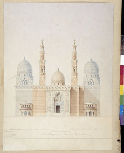 Arkitektur: hovedfasadeprosjektet til moskeen i Alexandria. Egypt. Tegning av Pascal Coste (1787-1879) av Pascal Xavier (after) Coste