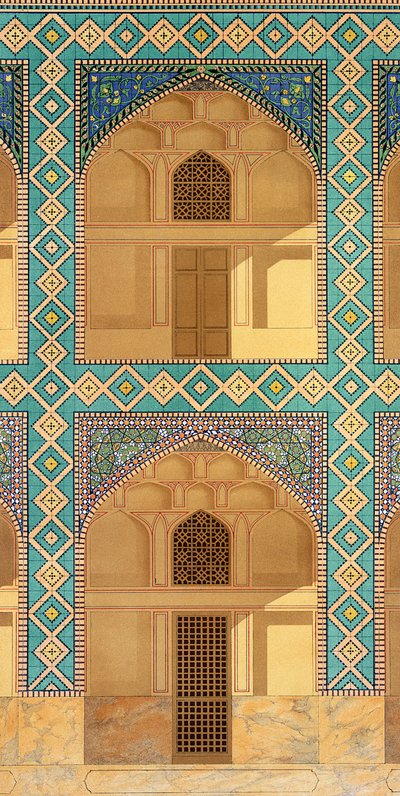 Detalj av gårdsarkadene i Medrese-i-Shah-Hussein, Isfahan, plate 26-27 fra Modern Monuments of Persia, gravert av A. Levie, 1856 litho av Pascal Xavier Coste
