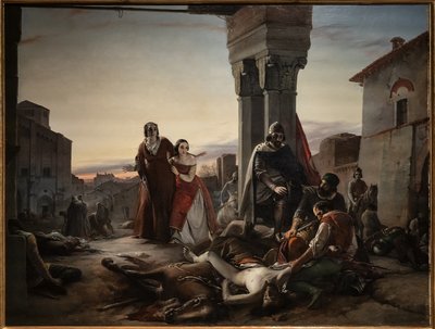Ricciardino Langoscos mor leter etter liket av sønnen hennes drept under erobringen av Pavia i hendene på Matteo Visconti i 1315 av Pasquale Massacra