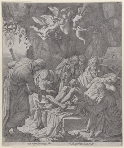 Kristus blir lagt i graven mens jomfruen står og gråter bak, 1600-30., 1600-30. av Pasquale Ottino