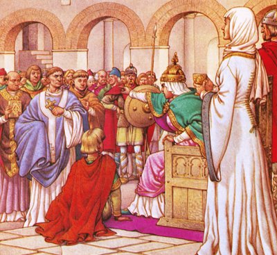 Im Jahr 610 n. Chr. verbannte Brunehilda, Königin der Burgunder, Columbanus, weil er gegen den Luxus ihres Hofes predigte von Pat (1907-95) Nicolle