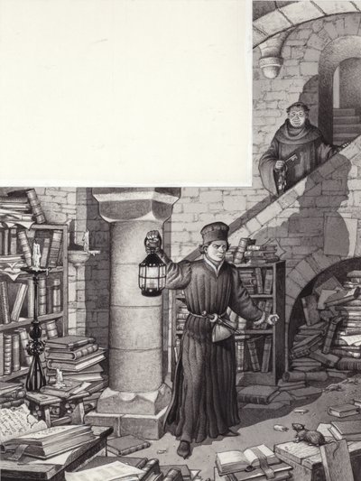 Poggio Bracciolini in der vernachlässigten Bibliothek des Klosters St. Gallen von Pat (1907-95) Nicolle