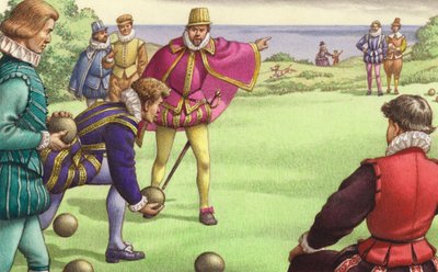 Sir Francis Drake spielt Bowls vor der Ankunft der spanischen Armada von Pat (1907-95) Nicolle