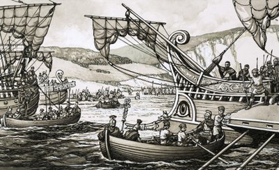 Die Römer unter Julius Caesar landeten 55 v. Chr. in Dover nach einem harten Kampf von Pat (1907-95) Nicolle