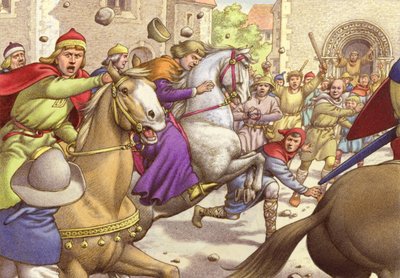 Die Bürger von Aquitanien steinigen König Heinrich wegen seiner Brutalität (Gouache auf Papier) von Pat (1907-95) Nicolle