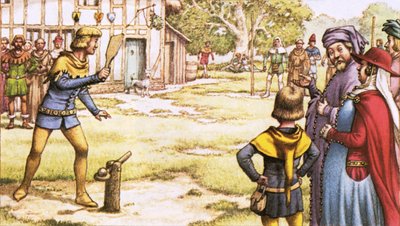 Trap-Ball, wie es von Chaucers Pilgern beobachtet worden sein könnte von Pat (1907-95) Nicolle