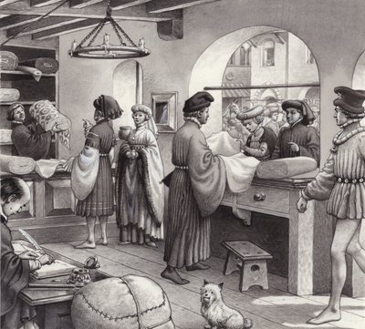 Ein Tuchhändlerladen im Renaissance-Italien von Pat (1907-95) Nicolle