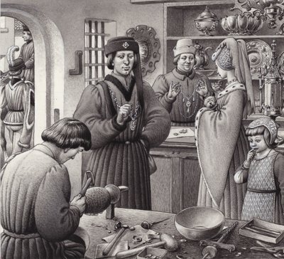 Ein Goldschmiedeladen im 15. Jahrhundert in Italien von Pat (1907-95) Nicolle