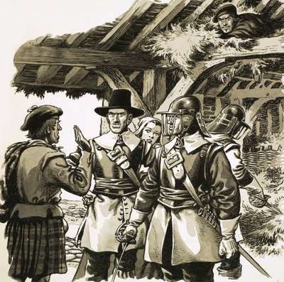 Gjemt på en husmanns høyloft lyttet markisen av Montrose mens soldatene lette etter ham av Pat (1907-95) Nicolle