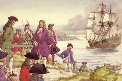 James Edward Stuart, der alte Prätendent, verlässt Schottland nach Frankreich von Pat (1907-95) Nicolle