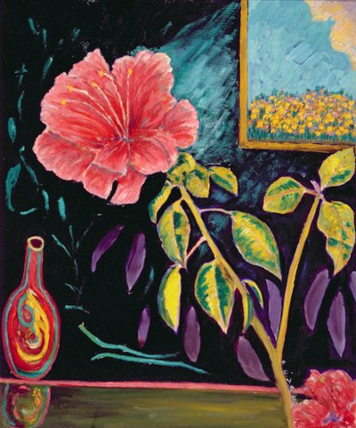 Hibiskus med vase (olje på lin) av Patricia Contemporary Artist Eyre