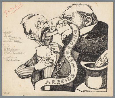 Statsråd Aalberse og arbeidsgiver Minister Aalberses rene fjær (tittel på objekt) av Patricq Kroon (signed by artist)