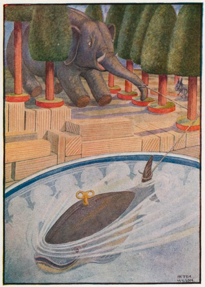 Hvalen begynte å trekke, og elefanten begynte å trekke (farge litho) av Patten Wilson