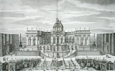 Den store grotten og fontenehagen ved Princely Pleasure Palace and Gardens, Berlin, gravert av Johann August Corvinus (1683-1738), publisert ca. 1711-16 (gravering) av Paul Decker