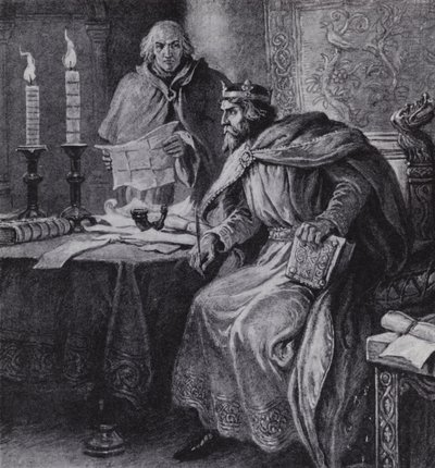 Alfred den store, kongen av Wessex, og lysklokkene hans (litho) av Paul (after) Hardy