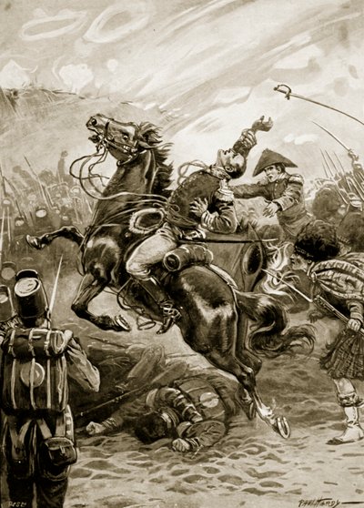 Death of Sir Edward Pakenham, illustrasjon fra 'Battles of the Nineteenth Century' av Archibald Forbes, GA Henty og major Arthur Griffiths (litho) av Paul (after) Hardy